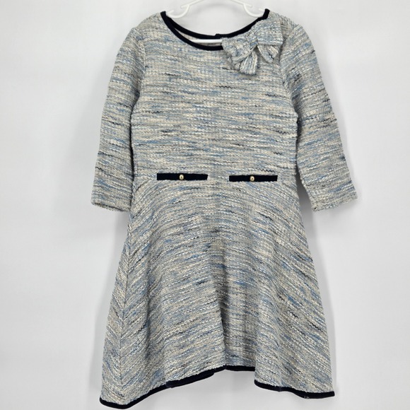 Janie and Jack Girls 12 Boucle Long Sleeve A‎ Line Dress Bow White Blue Cute - Picture 1 of 6